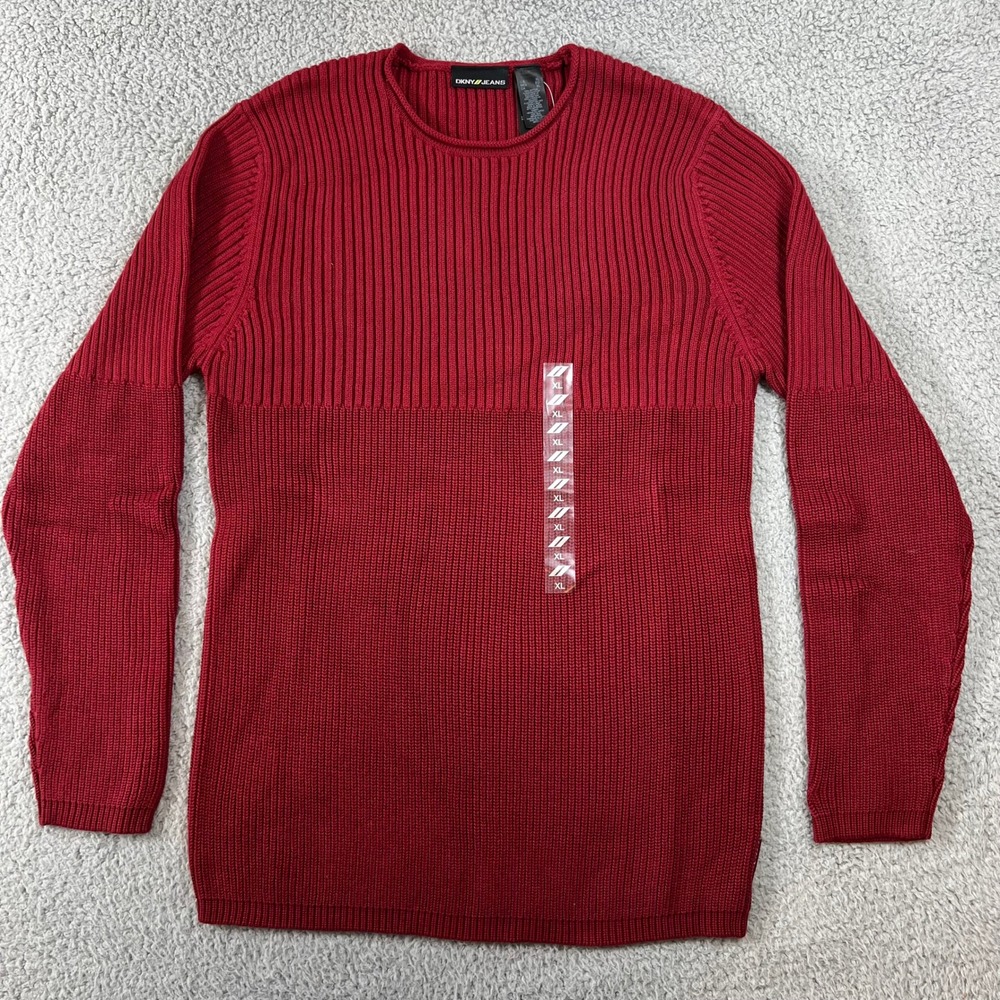 DKNY Jeans Men's Burgundy Ribbed Crew Neck Long Sleeve Sweater Size XL VTG NWT‎